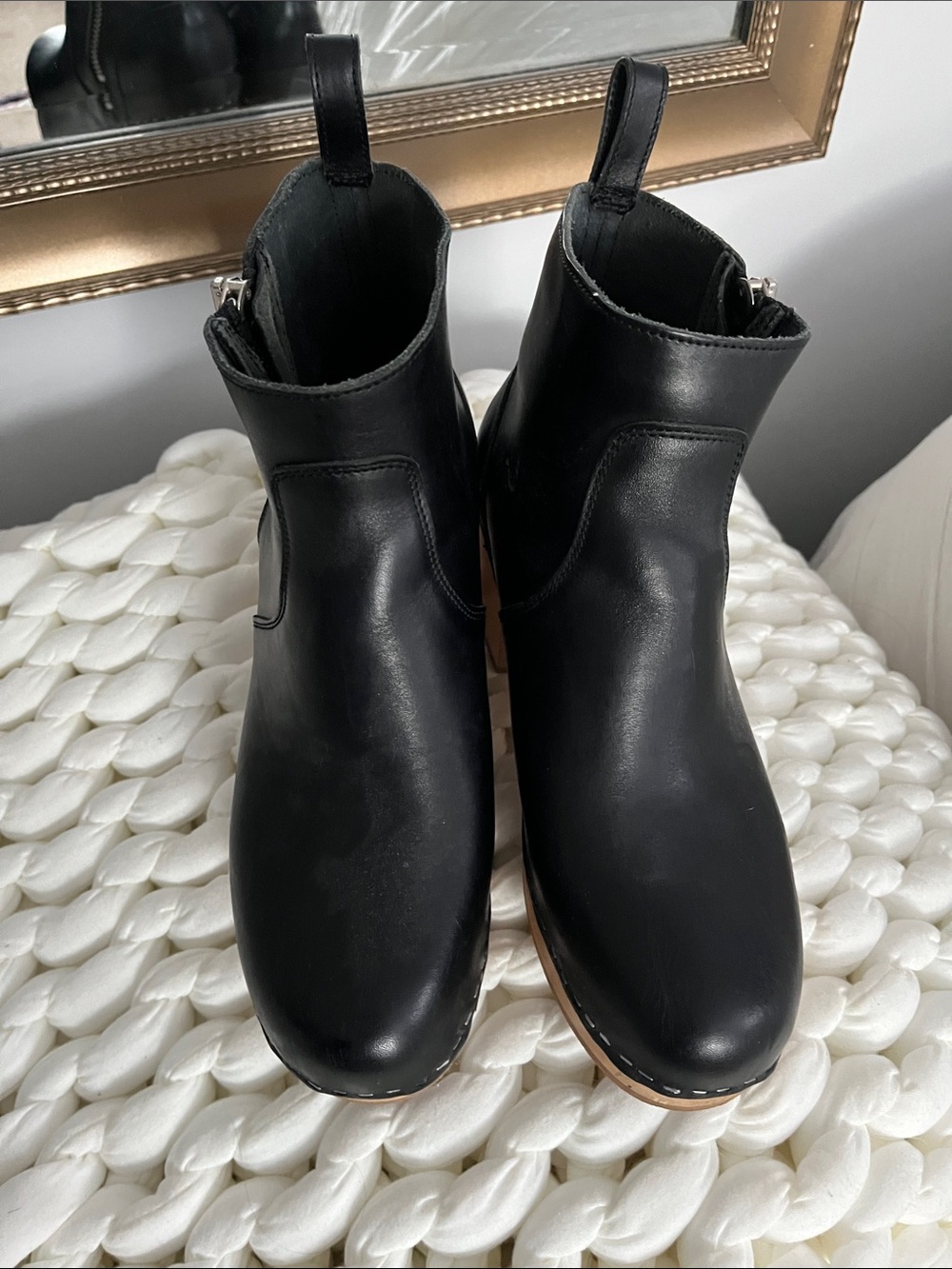 Swedish Hasbeens Black Leather Ankle Booties